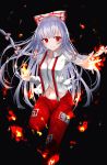  1girl arms_up black_background commentary_request cropped_legs embers eyebrows_visible_through_hair fire flaming_hand folded_leg fujiwara_no_mokou hair_between_eyes hair_ribbon long_hair long_sleeves looking_at_viewer midriff navel ofuda outstretched_hand pants red_eyes red_pants ribbon sakipsakip shirt sidelocks silver_hair smile solo standing standing_on_one_leg suspenders touhou tress_ribbon twitter_username very_long_hair white_shirt 
