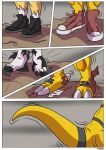  2_toes 3_toes black_claws black_markings canid canine claws comic digimon digimon_(species) guilmon hi_res mammal markings renamon reptile rex_equinox scalie toe_claws toes torn_shoes transformation white_body white_claws yellow_body 