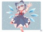  1girl arm_behind_back arm_up artist_name blue_dress blue_eyes blue_hair bright_pupils cirno commentary cropped_legs dress emphasis_lines eyebrows_visible_through_hair folded_leg grey_background grin hair_ribbon head_tilt highres looking_at_viewer outstretched_hand pinafore_dress puffy_short_sleeves puffy_sleeves red_neckwear red_ribbon ribbon shirt short_hair short_sleeves simple_background smile solo standing standing_on_one_leg teeth touhou white_pupils white_shirt wings zanasta0810 