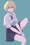 1girl blonde_hair blue_eyes commentary highres leg_up looking_at_viewer monsieur original pleated_skirt shirt short_hair simple_background sitting skirt smile solo watch wristwatch 
