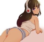  1girl ass bangs black_hair blue_panties closed_mouth commentary dutch_angle from_behind headphones katouken_(ktn-works) light_frown long_hair looking_at_viewer looking_back lying on_stomach original panties purple_eyes shirt solo striped striped_panties tank_top underwear white_background white_shirt 