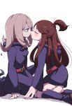  2girls blush brown_hair closed_eyes couple imminent_kiss kagari_atsuko kneeling little_witch_academia looking_at_another luna_nova_school_uniform multiple_girls open_mouth purple_hair red_eyes school_uniform simple_background skirt sucy_manbavaran tama_(tm_suac) thighs uniform white_background yuri 