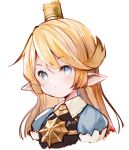  1girl bangs blonde_hair blue_eyes blush breastplate charlotta_fenia closed_mouth cropped_torso crown eyebrows_visible_through_hair granblue_fantasy hair_between_eyes harvin light_smile long_hair meito_(maze) mini_crown pointy_ears puffy_short_sleeves puffy_sleeves short_sleeves simple_background solo upper_body white_background 