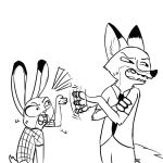  1:1 2017 anthro bodily_fluids canid canine clothed clothing dipstick_ears disney duo fox fully_clothed fur juantriforce042 judy_hopps lagomorph leporid mammal monochrome multicolored_ears nick_wilde open_mouth rabbit red_fox simple_background sweat sweatdrop teeth white_background zootopia 