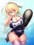  blonde_hair blue_eyes blue_swimsuit breasts covered_navel doyouwantto glasses hair_ribbon hat i-8_(kantai_collection) impossible_clothes impossible_swimsuit kantai_collection kneehighs large_breasts looking_at_viewer military_hat one-piece_swimsuit open_mouth ribbon sailor_hat school_swimsuit swimsuit thick_thighs thighs torpedo twintails white_legwear 