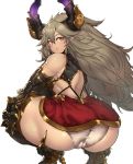  1girl ass bare_shoulders boots cameltoe commentary draph elbow_gloves expressionless fat_mons from_behind gloves granblue_fantasy grey_hair high_heels horns long_hair looking_at_viewer looking_back messy_hair muscle open_mouth panties pantyshot parted_lips pointy_ears red_eyes sekiyu_(spartan) simple_background solo squatting thalatha_(granblue_fantasy) thick_thighs thigh_boots thighhighs thighs underwear white_background 