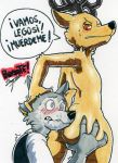  anthro antlers ass_cheeks beastars blush bodily_fluids butt butt_grab canid canine canis cervid cervine clothing colored colored_sketch confused_face confused_look confusion duo glaring hand_on_butt horn leg_grab legoshi_(beastars) looking_at_another looking_down louis_(beastars) male male/male mammal nude parasitedeath red_deer saliva school_uniform size_difference small_dom_big_sub spanish_text sweat teeth text thigh_grab translated uniform wolf 