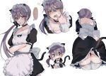  1girl akebono_(kantai_collection) alternate_costume amakaze anger_vein animal_ears apron ass bangs black_dress breasts cat_ears cat_tail chibi choker closed_mouth crossed_arms dress enmaided hair_ribbon kantai_collection long_hair maid maid_headdress medium_breasts multiple_views open_mouth ponytail purple_hair ribbon short_sleeves side_ponytail simple_background sweat tail thighhighs white_apron white_background white_legwear 