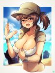  1girl baseball_cap breasts brown_eyes brown_hair commentary covered_nipples fanning_self fio_germi glasses hat highres jmg large_breasts metal_slug midriff navel ponytail solo sweat 