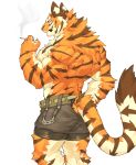  abs absurd_res anthro back_muscles biceps big_muscles bottomwear captainjohkid cigarette claws clothed clothing fangs felid fur furgonomics hi_res male mammal muscular muscular_male orange_body orange_fur pantherine pecs pink_nose rear_view red_eyes shorts simple_background smoking solo striped_body striped_fur stripes tiger topless triceps white_background 