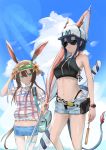  2girls alternate_hairstyle amiya_(arknights) animal_ears arknights bangs bare_arms bare_shoulders baseball_cap beach_umbrella bikini black_bikini blue_eyes blue_hair blue_shorts blue_sky brown_hair bunny_ears ch&#039;en_(arknights) cloud commentary_request cowboy_shot crop_top day detached_sleeves dragon_horns dragon_tail ears_through_headwear flower folded_ponytail food hair_between_eyes hat hat_flower highleg highleg_bikini holding holding_food holding_umbrella horns horns_through_headwear jewelry lens_flare light_rays long_hair looking_at_viewer multiple_girls navel neck_ring pouch puffy_short_sleeves puffy_sleeves rokon short_shorts short_sleeves shorts sky smile standing stomach sun_hat sunglasses swimsuit tail thighlet thighs umbrella very_long_hair watch wristwatch 