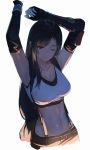  1girl armpits arms_up bangs bare_shoulders belt black_gloves black_hair black_skirt breasts cleavage closed_mouth collarbone elbow_gloves elbow_pads final_fantasy final_fantasy_vii final_fantasy_vii_remake fingerless_gloves gloves highres isshiki_(ffmania7) large_breasts long_hair looking_at_viewer low-tied_long_hair navel one_eye_closed red_eyes simple_background skirt smile solo suspender_skirt suspenders swept_bangs tank_top tifa_lockhart white_background white_tank_top 