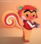 absurd_res animal_crossing anthro bodily_fluids clothing exercise eyebrows female fur hair hazel_(animal_crossing) hi_res looking_at_viewer mammal nintendo open_mouth rodent sciurid simple_background solo superbinario sweat unibrow video_games weights 