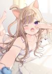  1girl ;o alarm_clock animal_ear_fluff animal_ears bare_arms bare_legs bare_shoulders barefoot bed_sheet blurry blurry_foreground blush breasts brown_hair camisole cat_ears cat_girl cat_tail clock depth_of_field downblouse fang grey_camisole grey_panties highres legs_up leo_(mafuyu) long_hair lying mafuyu_(chibi21) multicolored_hair on_stomach one_eye_closed open_mouth original outstretched_arm panties pillow purple_eyes purple_hair reaching_out small_breasts soles solo strap_slip streaked_hair striped striped_panties stuffed_animal stuffed_cat stuffed_toy tail underwear very_long_hair waking_up yawning 