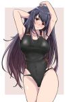  1girl alternate_costume armpits arms_up bare_shoulders black_hair blush breasts closed_mouth competition_swimsuit covered_navel eyebrows_visible_through_hair fusou_(kantai_collection) gradient gradient_background hair_between_eyes hair_ornament kantai_collection large_breasts long_hair looking_at_viewer one-piece_swimsuit red_eyes shohei_(piranha5hk) smile solo swimsuit thighs white_background 