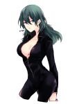  1girl alternate_costume blue_eyes blue_hair bodysuit breasts byleth_(fire_emblem) byleth_(fire_emblem)_(female) cleavage closed_mouth fire_emblem fire_emblem:_three_houses long_sleeves naho_(pi988y) open_clothes simple_background solo twitter_username white_background 