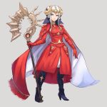  1girl axe cape closed_mouth edelgard_von_hresvelg fire_emblem fire_emblem:_three_houses full_body grey_background grimmelsdathird headpiece high_heels highres holding holding_axe horns purple_eyes simple_background solo white_hair 