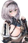  1girl bracer breastplate breasts cellphone cleavage green_eyes grey_hair highres hololive large_breasts mole mole_on_breast oyu_(sijimisizimi) phone shirogane_noel short_hair simple_background smartphone smile solo strap upper_body virtual_youtuber 