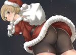  1girl :o absurdres ass bare_shoulders belt bike_shorts blush breasts brown_eyes brown_hair commentary from_behind from_below hat highres kurosususu looking_at_viewer looking_back looking_down open_mouth persona persona_4 pout sack santa_costume santa_hat satonaka_chie short_hair skindentation solo 