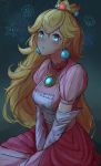  1girl bangs between_legs blonde_hair blue_eyes breasts constellation crown dress earrings elbow_gloves eyebrows_behind_hair fire_flower gloves hair_between_eyes hand_between_legs highres ippers jewelry long_hair looking_at_viewer mario_(series) medium_breasts parted_lips pink_dress princess_peach puffy_short_sleeves puffy_sleeves short_sleeves sitting sky solo star_(sky) starry_sky super_mario_bros. very_long_hair 