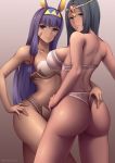  2girls animal_ears ass back bangs black_hair blush bra breasts closed_mouth dark_skin egyptian facepaint facial_mark fate/grand_order fate_(series) gradient gradient_background highres jackal_ears long_hair looking_at_viewer looking_back low-tied_long_hair multiple_girls nitocris_(fate/grand_order) panties purple_eyes purple_hair queasy_s scheherazade_(fate/grand_order) thighs underwear 