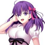  1girl bangs breasts dress fate/stay_night fate_(series) hair_ribbon large_breasts long_hair looking_at_viewer matou_sakura mishiro0229 open_mouth pink_ribbon puffy_short_sleeves puffy_sleeves purple_eyes purple_hair ribbon short_sleeves simple_background smile solo white_dress 