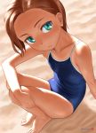  1girl aqua_eyes bangs bare_arms bare_legs bare_shoulders barefoot blue_swimsuit blush breasts brown_hair closed_mouth collarbone commentary_request competition_school_swimsuit competition_swimsuit forehead highres looking_at_viewer mu-pyon one-piece_swimsuit one-piece_tan original outdoors sand school_swimsuit short_hair sitting small_breasts solo swimsuit tan tanline toes twitter_username 