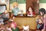  5girls :3 :d anal_(arinosumuki) bangs_pinned_back bare_shoulders black_eyes black_skirt blonde_hair blue_eyes blue_sweater bow brown_hair character_request closed_eyes cup dog drawer fang feeding food fruit fur_collar game_console glasses green_sweater grey_hair hair_between_eyes hair_bow hair_ornament hair_pom_pom hairclip heater highres indoors jacket kneeling kotatsu long_hair long_sleeves looking_at_another low_twintails lying mandarin_orange miniskirt multiple_girls notebook on_floor on_stomach open_mouth original pen phone pink_hair playstation_2 pom_pom_(clothes) reading red_jacket ribbed_sweater short_hair short_shorts shorts sitting skirt sliding_doors smile socks sweatdrop sweater table tea teapot television track_jacket tray twintails ukagaka under_kotatsu under_table used_tissue yellow_eyes yume_nikki_(ukagaka) yunomi 