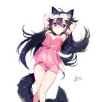  1girl animal_ear_fluff animal_ears arm_behind_head armpits arms_up ass_visible_through_thighs babydoll black_hair blush breasts commentary_request covered_navel dated ejami ekko_(ejami) fox_ears fox_girl fox_tail hair_between_eyes long_hair looking_at_viewer mole mole_on_thigh original panties pink_babydoll pink_panties red_eyes see-through simple_background small_breasts solo tail underwear white_background 