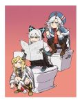  3girls blonde_hair boots bottle dual_wielding girls_frontline gopnik gun handgun highres holding makarov_(girls_frontline) multiple_girls nagant_revolver_(girls_frontline) pantyhose pistol ruukii_drift silver_hair slav_squatting socks squatting tokarev_(girls_frontline) weapon 