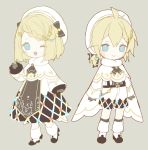  1boy 1girl bangs bass_clef beige_background beret black_gloves blonde_hair blue_eyes boots borrowed_design braid capelet chibi commentary dress eighth_note full_body fur-trimmed_boots fur-trimmed_capelet fur_trim gloves hair_ornament hairclip hand_up hat highres kagamine_len kagamine_rin musical_note musical_note_hair_ornament one_eye_closed open_mouth shirt short_hair short_ponytail shorts smile snowflake_print spiked_hair standing swept_bangs treble_clef vocaloid waving white_beret white_capelet white_dress white_headwear white_shirt white_shorts yamiluna39 yuki_len yuki_rin 