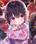  4girls bangs black_hair blush braid breasts chestnut_mouth commentary_request eyebrows_visible_through_hair fan finger_to_mouth floral_print hair_between_eyes hair_ornament hand_up heart heart-shaped_pupils heart_hair_ornament hisagi_(puchimaple) japanese_clothes kimono long_sleeves looking_at_viewer medium_breasts multiple_girls night obi original outdoors paper_fan parted_lips print_kimono red_eyes sash short_hair solo_focus standing symbol-shaped_pupils uchiwa white_kimono wide_sleeves 