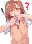  !? 1girl blush brown_eyes brown_hair dsmile embarrassed eyebrows_visible_through_hair flower hair_flower hair_ornament hands_up heart heart-shaped_pupils misaka_mikoto school_uniform shirt short_hair short_sleeves simple_background solo sweat sweater_vest symbol-shaped_pupils to_aru_kagaku_no_railgun to_aru_majutsu_no_index upper_body white_background white_shirt 