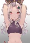  1girl animal_ears armpits arms_behind_head arms_up betabeet blush closed_mouth english_commentary erune eyebrows_visible_through_hair forehead granblue_fantasy hair_ornament hairclip highres long_hair looking_at_viewer navel red_eyes scathacha_(granblue_fantasy) silver_hair solo 