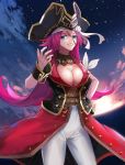  1girl bangs belt blue_eyes breasts cleavage corset detached_collar facial_scar fate/extra fate_(series) francis_drake_(fate) grin hand_on_hip hand_up hat high-waist_pants highres kuguiema large_breasts long_hair looking_at_viewer pants parted_bangs pink_hair pirate_hat red_vest revision scar sky smile solo star_(sky) starry_sky sunset very_long_hair vest white_pants wrist_cuffs 