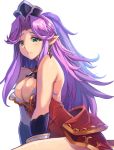  1girl a-na angela_(seiken_densetsu_3) bare_shoulders breasts cleavage closed_mouth earrings eyebrows_visible_through_hair highres jewelry large_breasts leotard long_hair looking_away purple_hair red_earrings red_leotard seiken_densetsu seiken_densetsu_3 simple_background solo tears white_background 