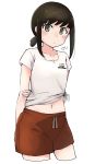  1girl absurdres alternate_costume arm_behind_back black_hair blush brown_shorts collarbone cropped_legs eyebrows_visible_through_hair fubuki_(kantai_collection) green_eyes highres kantai_collection ma_rukan navel shirt short_hair short_ponytail short_sleeves shorts signature simple_background solo white_background white_shirt 