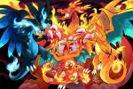  blue_eyes charizard charmander charmeleon chu_(hyenafu) claws commentary creature dated dragon english_commentary fangs fiery_tail fire flame flying gen_1_pokemon gigantamax_charizard horn horns looking_at_viewer mega_charizard_x mega_charizard_y mega_pokemon no_humans pokemon pokemon_(creature) signature tail 