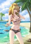  1girl absurdres animal_ears arknights bangs bare_arms bare_shoulders beach bikini black_bikini black_nails blonde_hair blue_sky breasts brown_eyes can candy cleavage cloud commentary_request cowboy_shot crop_top day food groin hair_between_eyes highres holding holding_can holding_food large_breasts lion_ears lollipop long_hair looking_at_viewer midriff nail_polish navel ocean one_eye_closed open_mouth outdoors palm_tree siege_(arknights) sky solo standing stomach swimsuit tank_top thighs tongue tongue_out torn_clothes tree water white_tank_top xiehuangbao_bo 