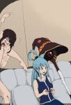  1boy 2girls :d aqua_(konosuba) barefoot blush colorized commentary controller couch dress dualshock english_commentary flying_sweatdrops full_nelson game_controller gamepad hair_rings hat headwear_removed holding_controller holding_game_controller implied_sex indoors kono_subarashii_sekai_ni_shukufuku_wo! long_hair long_sleeves megumin multiple_girls open_mouth out-of-frame_censoring pillow playing_games short_hair sitting smile staff stealth_sex tyrone witch_hat 
