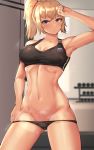  1girl absurdres bangs bare_shoulders black_panties blonde_hair blue_eyes blush breasts cleavage clyde_s commentary crop_top highres indoors large_breasts looking_at_viewer navel original panties ponytail russian_flag short_hair solo sweater underwear 