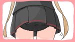  1girl ass black_panties black_skirt border commentary_request from_behind head_out_of_frame kantai_collection light_brown_hair long_hair murasame_(kantai_collection) panties pantyshot pink_border poipoi_purin simple_background skirt solo twintails twitter_username underwear white_background 