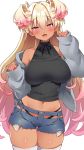  1girl bare_shoulders black_panties black_sweater blonde_hair blue_shorts commentary_request cowboy_shot crop_top cutoffs dark_skin denim denim_shorts exposed_pocket gradient_hair grey_jacket highres jacket long_hair long_sleeves looking_at_viewer midriff mio_(mgr300) multicolored_hair navel off_shoulder open_clothes open_jacket open_mouth original panties pink_eyes pink_hair ribbed_sweater short_shorts shorts simple_background skindentation sleeveless sleeveless_sweater sleeveless_turtleneck smile solo stomach sweater thighhighs thighs turtleneck two_side_up underwear very_long_hair white_background white_legwear 