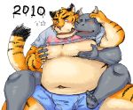  2010 anthro belly blush bovid bovine bulge cattle clothing duo eyes_closed felid hug hugging_from_behind iwano male mammal moobs navel overweight overweight_male pantherine shirt simple_background text tiger topwear underwear white_background 