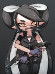  1girl aori_(splatoon) armband bangs belt black_background black_belt black_hair black_jacket black_pants blue_gloves brown_eyes combat_knife cowboy_shot domino_mask dual_wielding fingerless_gloves gloves gun handgun highres holding holding_gun holding_weapon jacket knife long_hair m1911 mask mole mole_under_eye mouth_hold pants pointy_ears simple_background sleeveless sleeveless_jacket solo splatoon_(series) sukeo_(nunswa08) swept_bangs tied_hair trigger_discipline twintails very_long_hair weapon zipper 