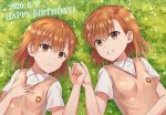  2girls :d asymmetrical_bangs bangs bob_cut brown_eyes brown_hair commentary dated dress_shirt flower from_above grass hair_flower hair_ornament hairclip hand_on_own_chest highres holding_hands looking_at_viewer lying misaka_imouto misaka_mikoto multiple_girls on_back open_mouth parted_lips remoa school_uniform shirt short_hair siblings sisters smile to_aru_kagaku_no_railgun to_aru_majutsu_no_index tokiwadai_school_uniform upper_body white_flower white_shirt 