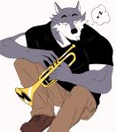  5_fingers anthro ash_(st4rsbucks) biped brass_instrument canid canine canis clothed clothing fingers fur grey_body grey_fur hi_res holding_object male mammal multicolored_body multicolored_fur musical_instrument notes sitting solo st4rsbucks thinking thought_bubble trumpet two_tone_body two_tone_fur wind_instrument wolf 