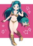  1boy 1girl 50yen :o animal_print bikini boots fang green_eyes green_hair horns lum open_mouth pink_background star swimsuit ten_(urusei_yatsura) tiger_print urusei_yatsura 