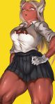  1girl animal_ear_fluff animal_ears arm_at_side bangs black_skirt boku_no_hero_academia breasts bunny_ears collared_shirt cowboy_shot dark_skin densen_(itoguchi) dress_shirt gloves hand_on_hip highres large_breasts long_hair looking_down neckerchief open_mouth parted_bangs pleated_skirt red_neckwear round_teeth shirt simple_background skirt solo standing teeth thick_thighs thighs upper_teeth usagiyama_rumi white_gloves white_hair white_shirt wing_collar yellow_background 