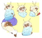  anthro antlers black_nose blue_eyes blush bodily_fluids book bottomwear cervid cervine clothing eyebrows fur hooves horn hotpants kai_the_cervine_ghost male mammal multicolored_body multicolored_fur shorts solo spots sweat sweater thick_eyebrows topwear tufted_fur xingscourge 